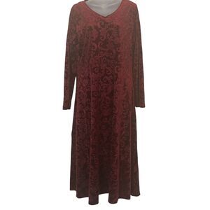 Red Velvet Burnout Maxi Dress XL Long Sleeve Flowing Coquette Statement Style